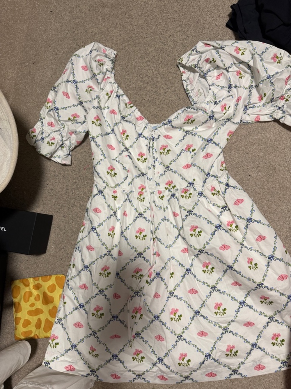 Hill House white mini dress with pink floral print